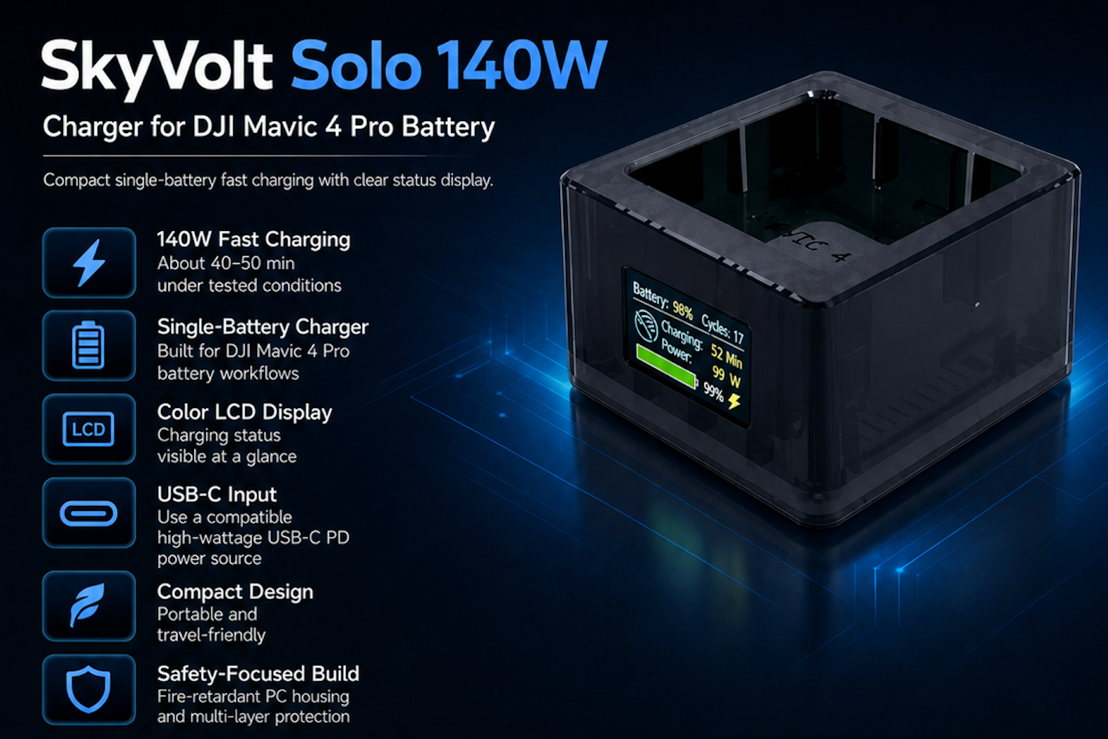 SkyVolt Solo 140W charger for DJI Mavic 4 Pro battery